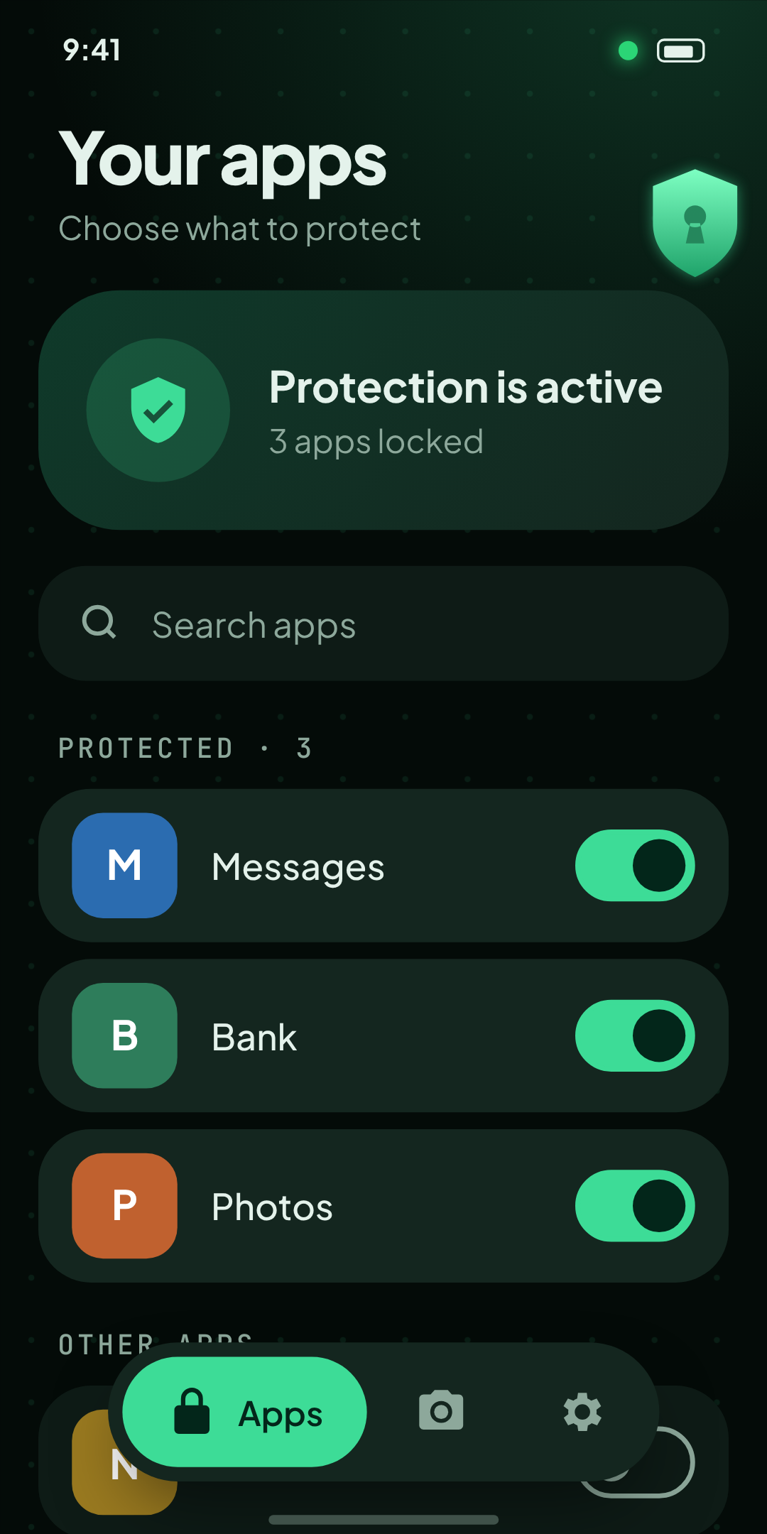The AppLock apps list showing protection is active with three apps locked