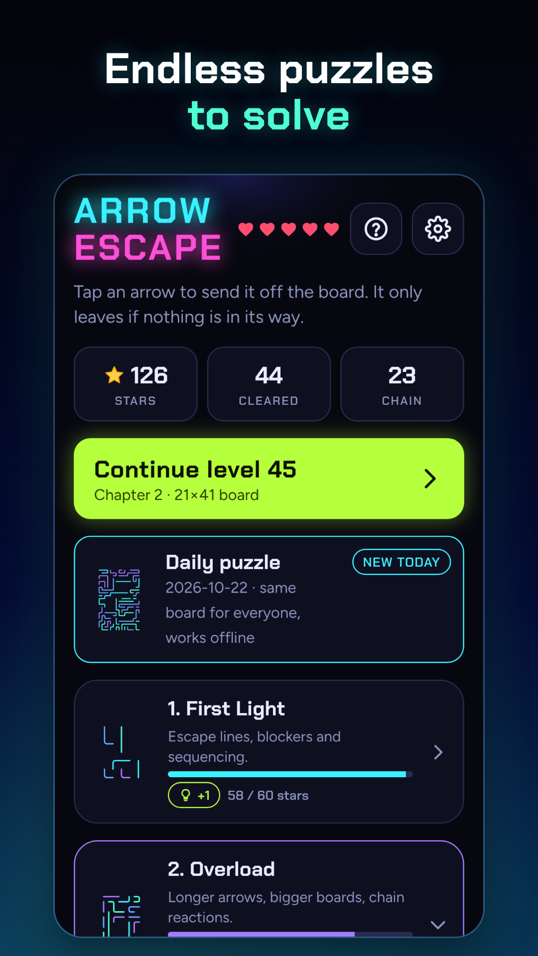 The Arrow Escape home screen with the daily puzzle and chapters