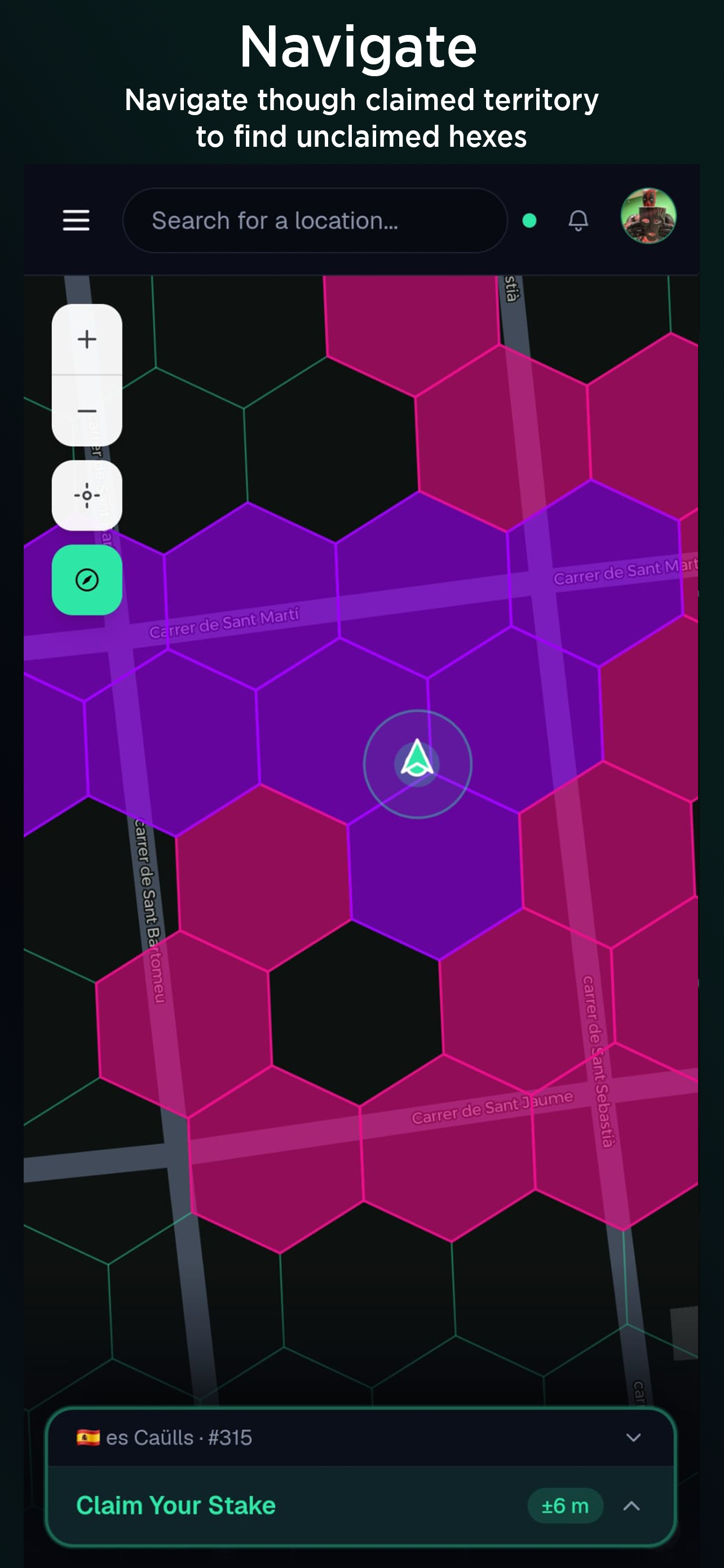 Navigating claimed territory on the Claim Your Stake map to find unclaimed hexes