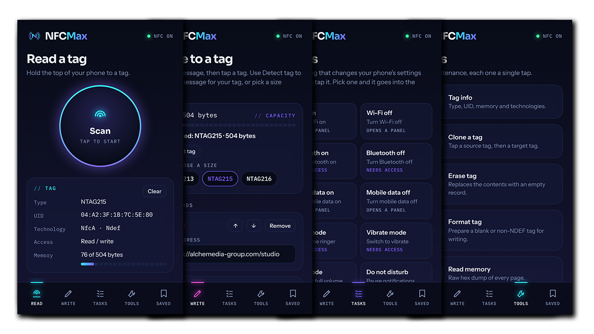 The NFC Max Read, Write, Tasks and Tools screens