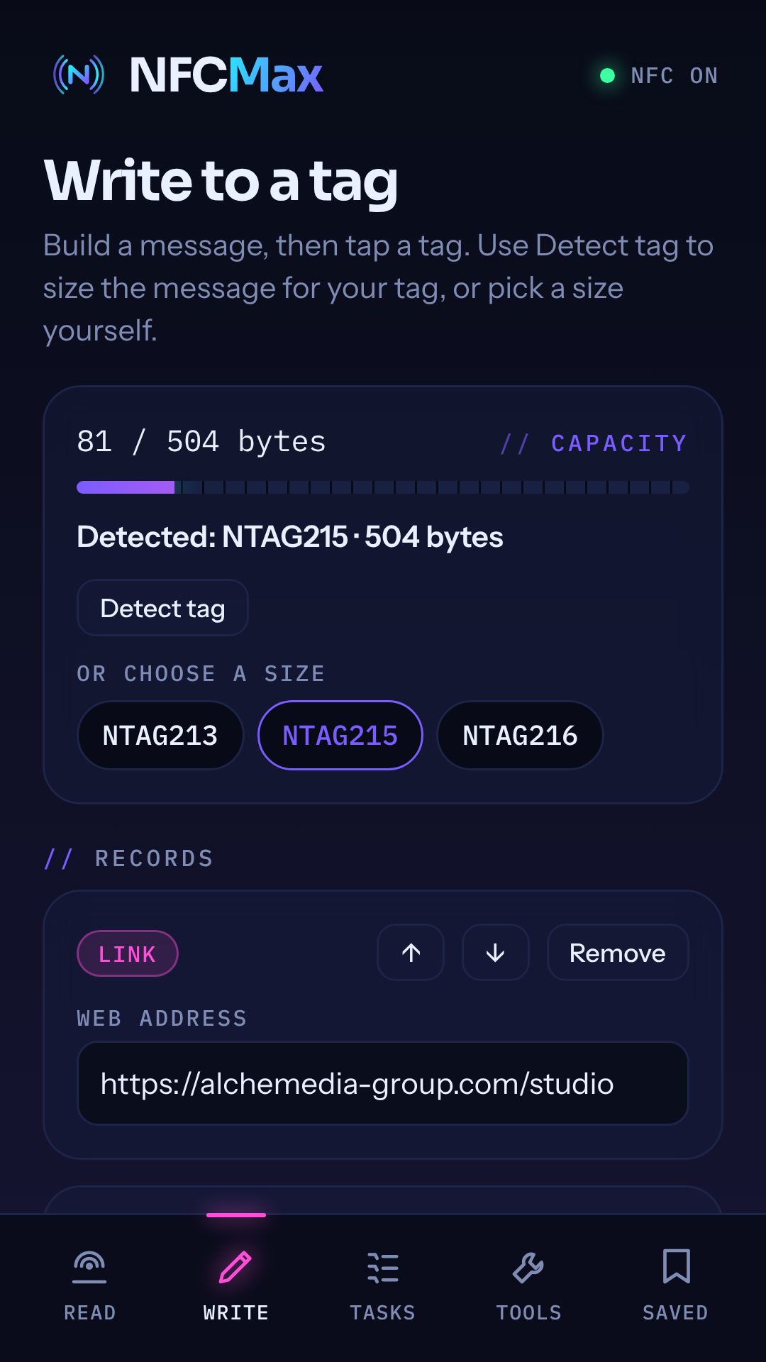 Writing a message to an NFC tag in NFC Max