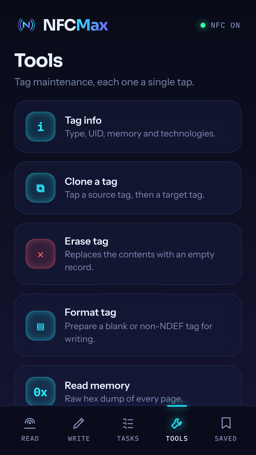 NFC Max tools: tag info, clone, erase, format and read memory