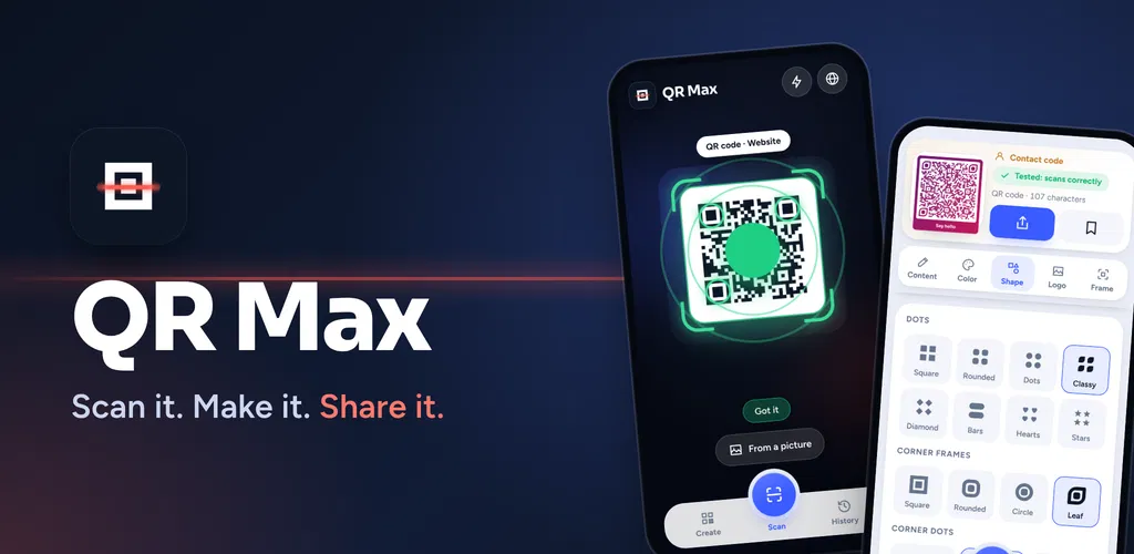 QR Max: Scan it. Make it. Share it. The scanner reading a QR code beside the code designer