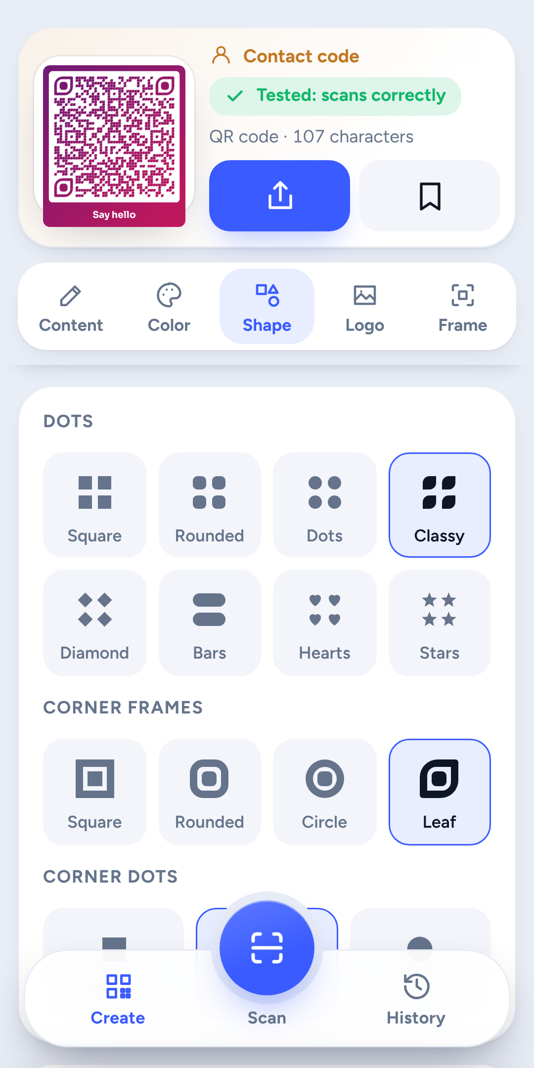 Designing a contact QR code in QR Max with dot, corner frame and corner dot styles