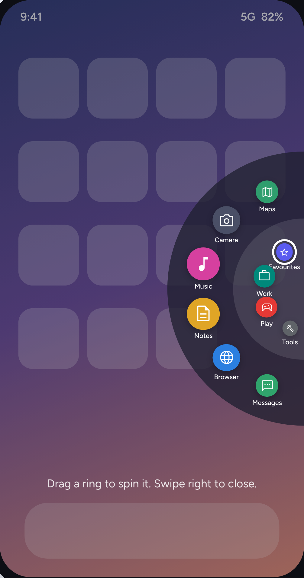 The Wheelr wheel open over a home screen, with the Favourites wheel selected