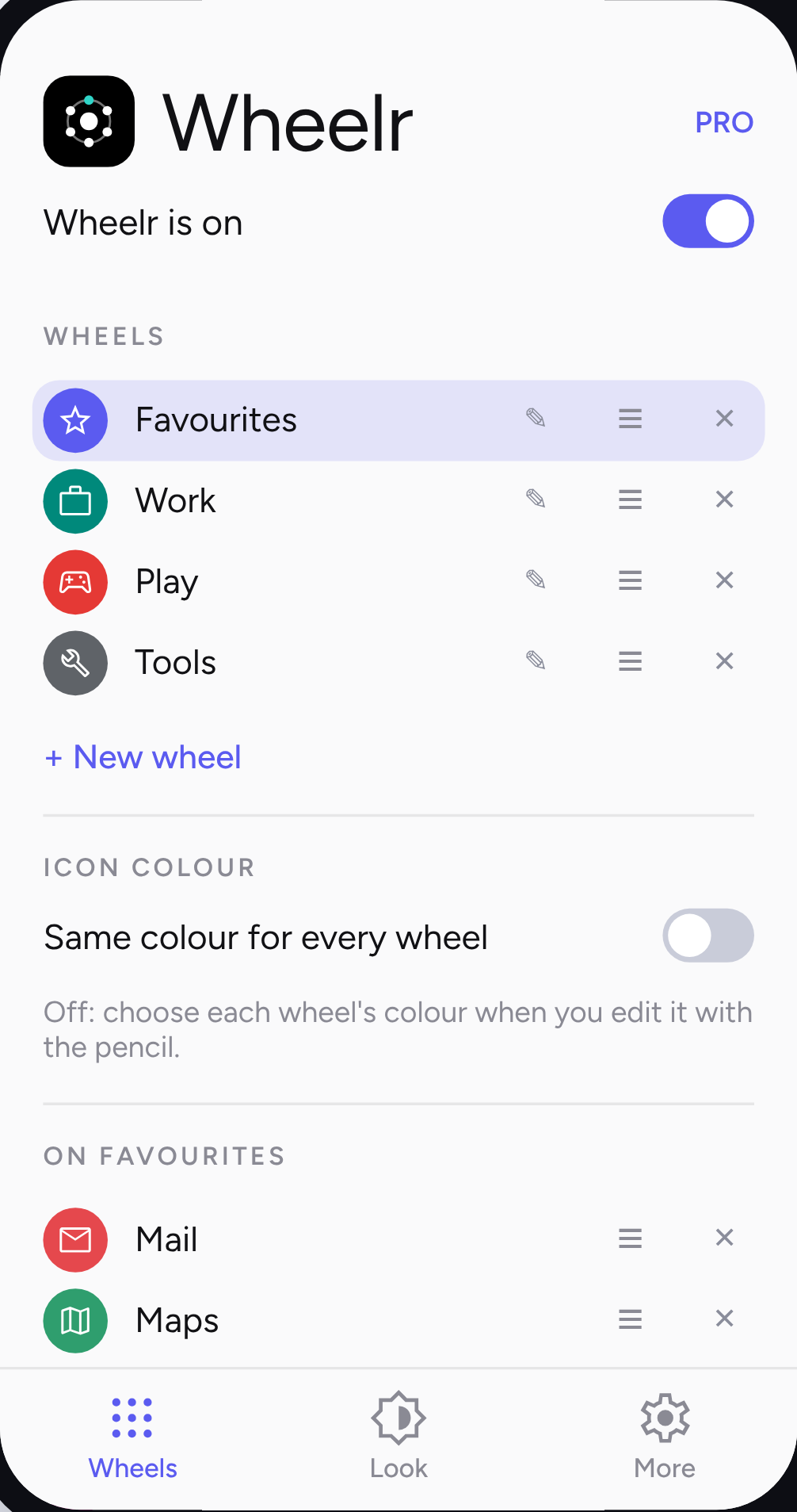 Managing wheels and their apps in the Wheelr settings